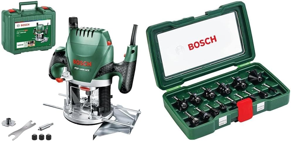 Bosch POF 1400 ACE | Fresadora com 3 pinças e conjunto de 15 fresas para madeira, maleta incluída