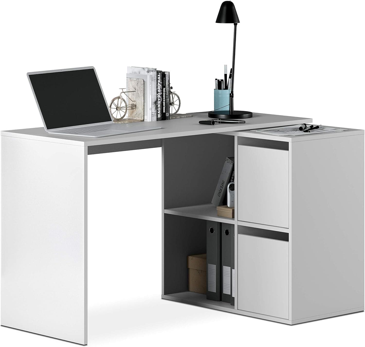 duehome | Secretária, mesa de escritório reversível, mesa multiposição, estúdio, modelo spacio, acabamento em branco Artik, medidas: 120 cm (comprimento) x 77 cm (fundo) x 74 cm (altura)