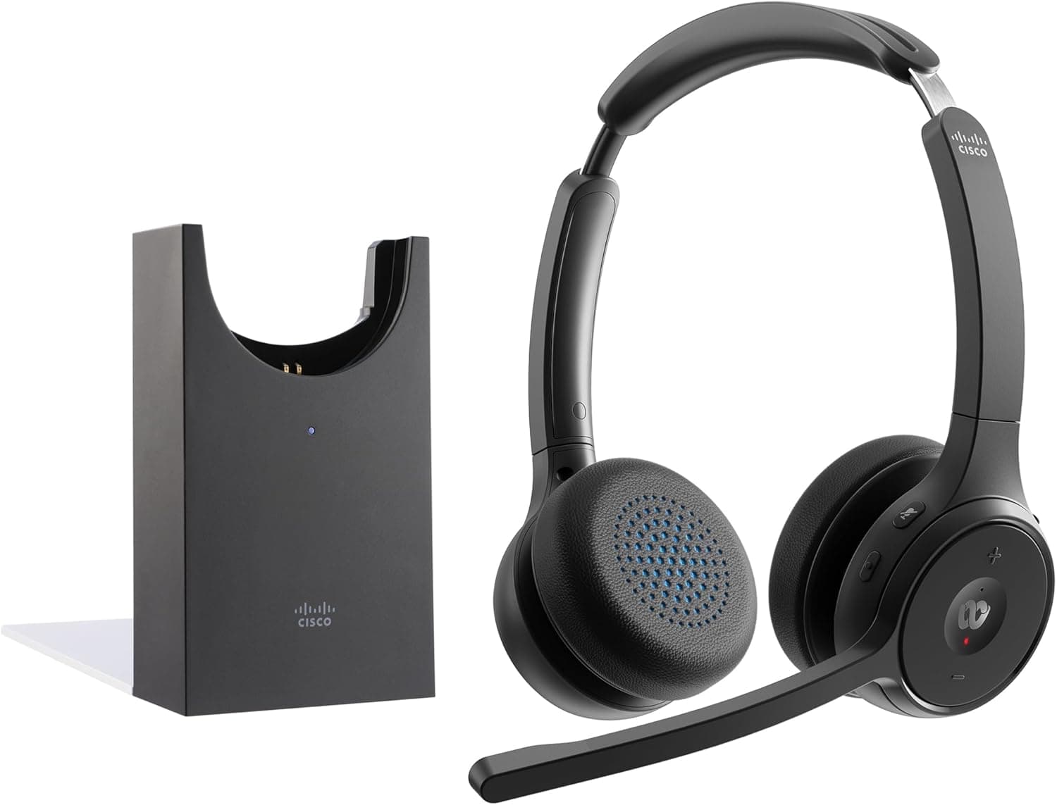 Cisco Auriculares 722, auriculares Bluetooth sem fios duplos superiores, botão Webex, adaptador Bluetooth HD USB-A, estojo suave, base de carregamento, garantia limitada de 1 ano (HS-WL-722-BUNAS-C)