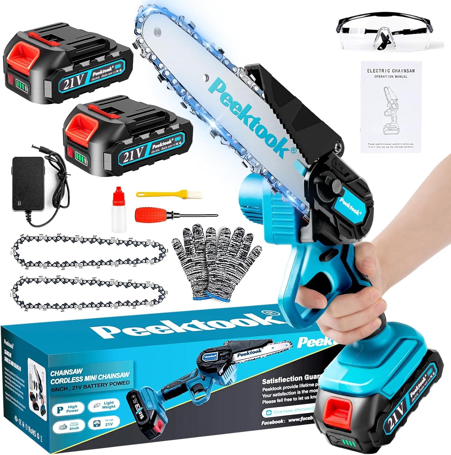 Peektook Mini Motosserra 6 Polegadas | Serra portátil a bateria com motor sem escovas 1000W, 2 baterias 4000mAh e 2 correntes para poda e jardim