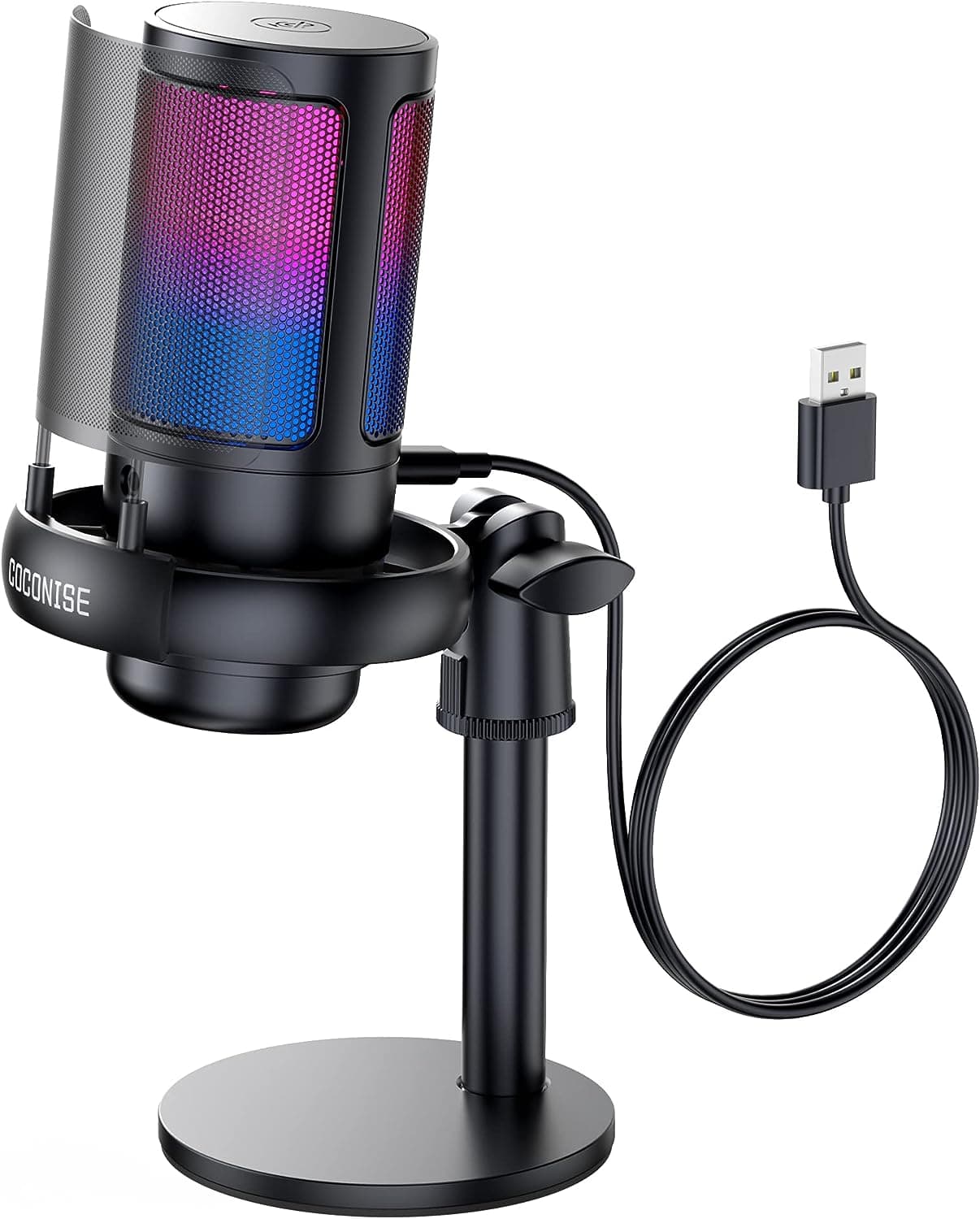 COCONISE Microfone Gaming RGB, microfone comprimido cardioide para PC Mac PS4 PS5, Mute Touch, equipado com conector para auriculares, botão para ajustar o volume, filtro anti-pop