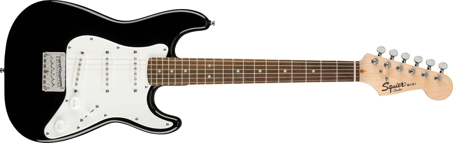 Squier by Fender Mini Stratocaster, guitarra elétrica, capa de couro, preto, inclui cursos virtuais gratuitos no Fender Play