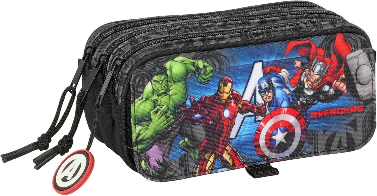 Safta Avengers Vendetta | Estojo escolar triplo em poliéster resistente com três compartimentos para crianças