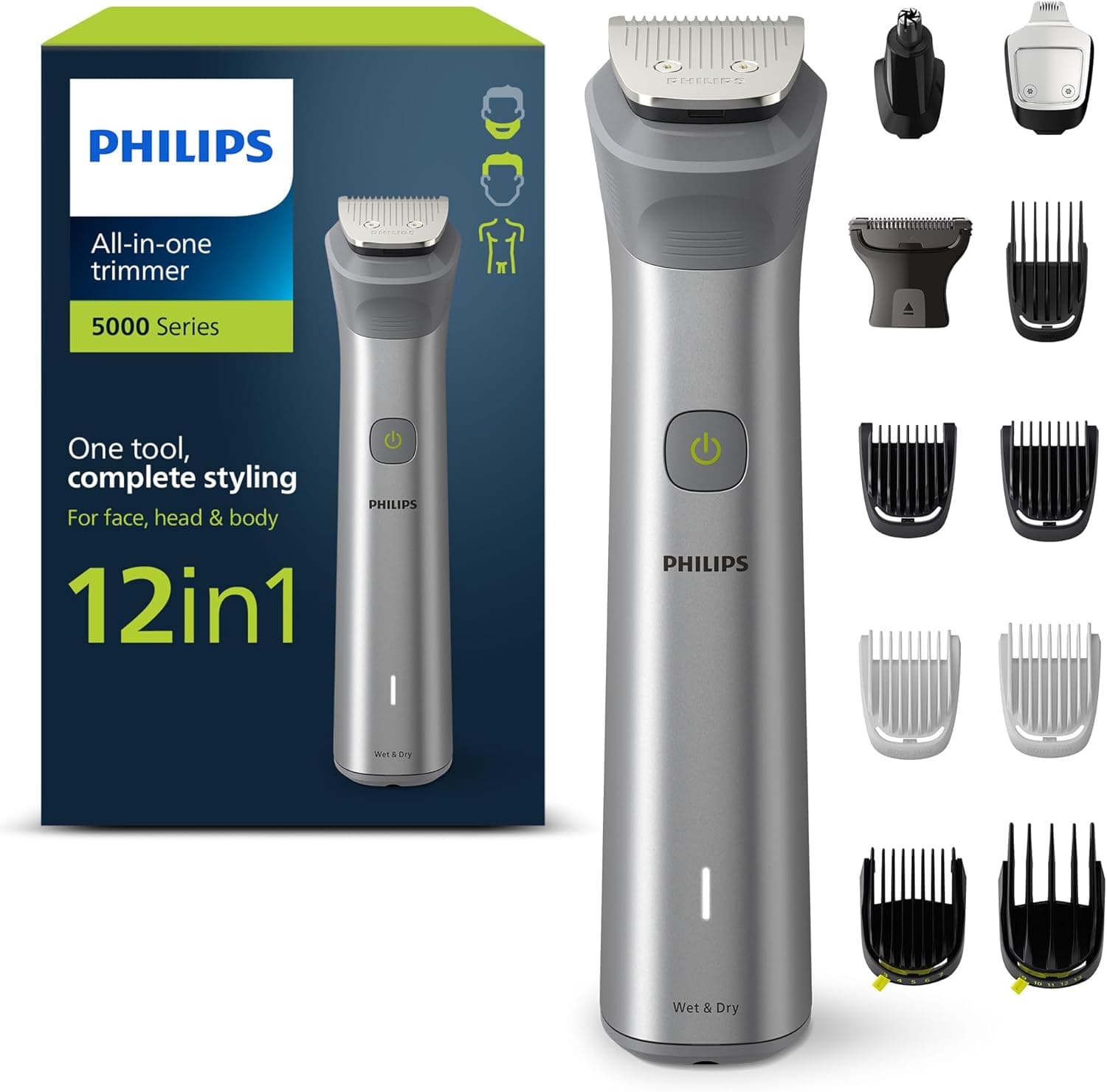 Philips Aparador de barba série 5000, máquina de cortar cabelo, corta-pelos para homem, kit 12 em 1 para rosto, cabelo, orelhas, nariz e corpo, 120 min de uso, seco e húmido, recarregável