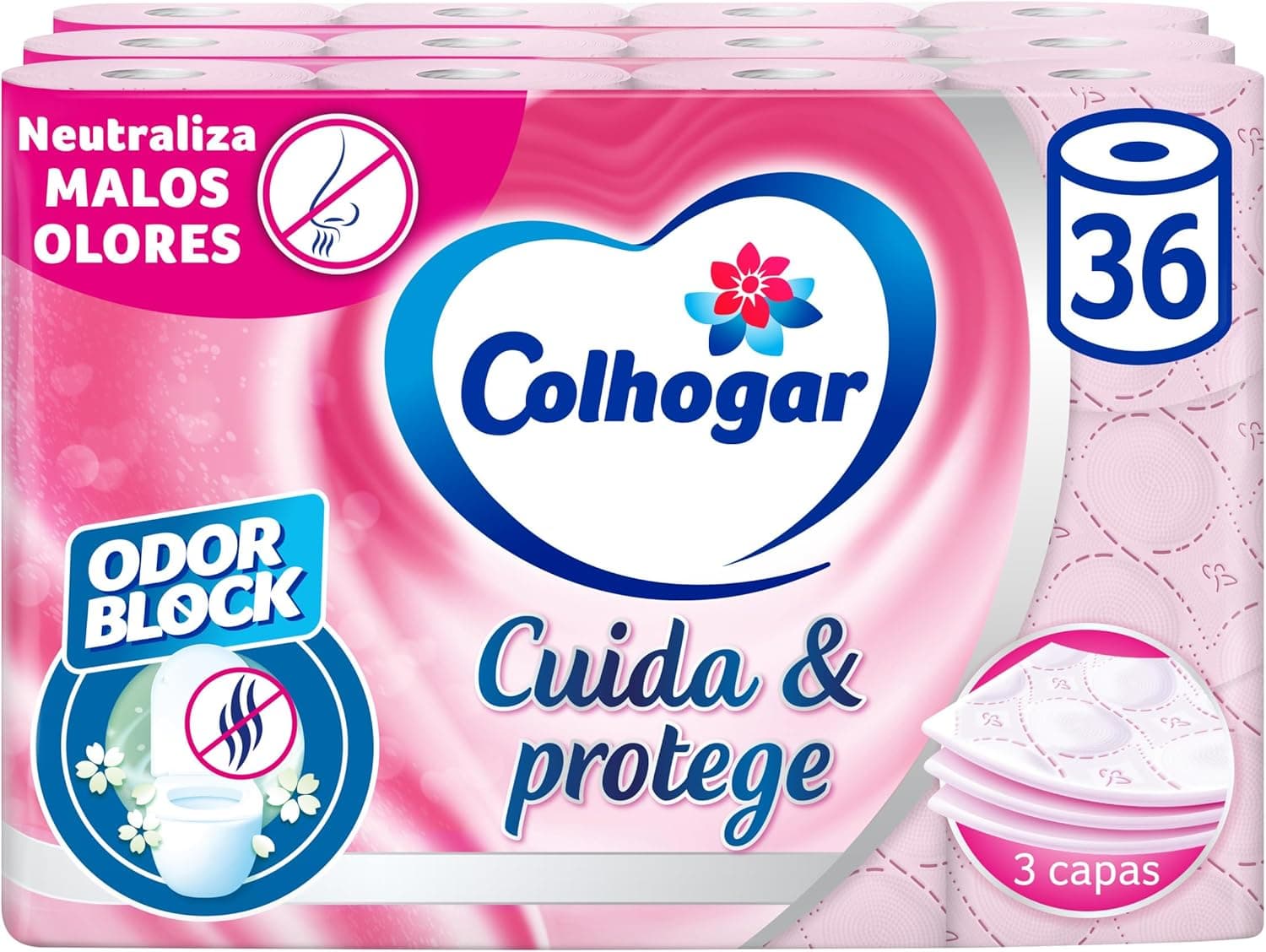Colhogar Care & Protect | Papel higiénico tripla camada com tecnologia Odor Block, aroma fresco, 36 rolos
