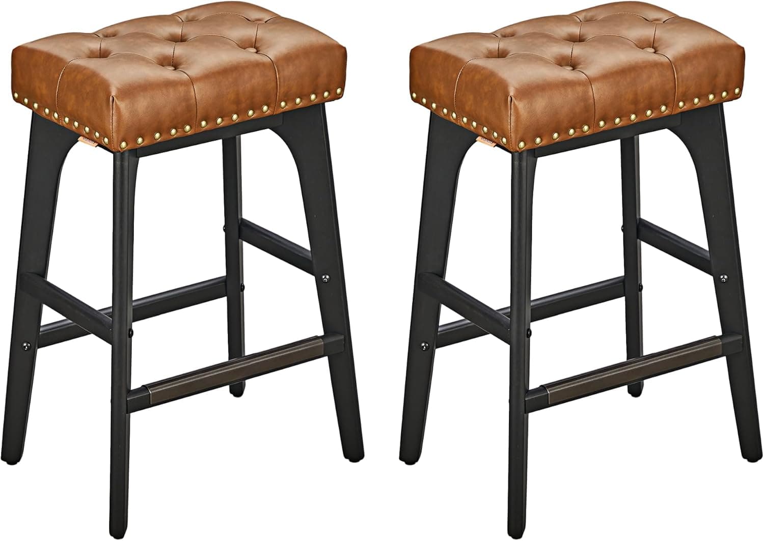VASAGLE Bancos de bar, conjunto de 2, superfície de PU, botões acolchoados, bordas com tachas, pernas de madeira, altura 66 cm, canto de bar, sala de jantar, fácil montagem, castanho café LBC085K01
