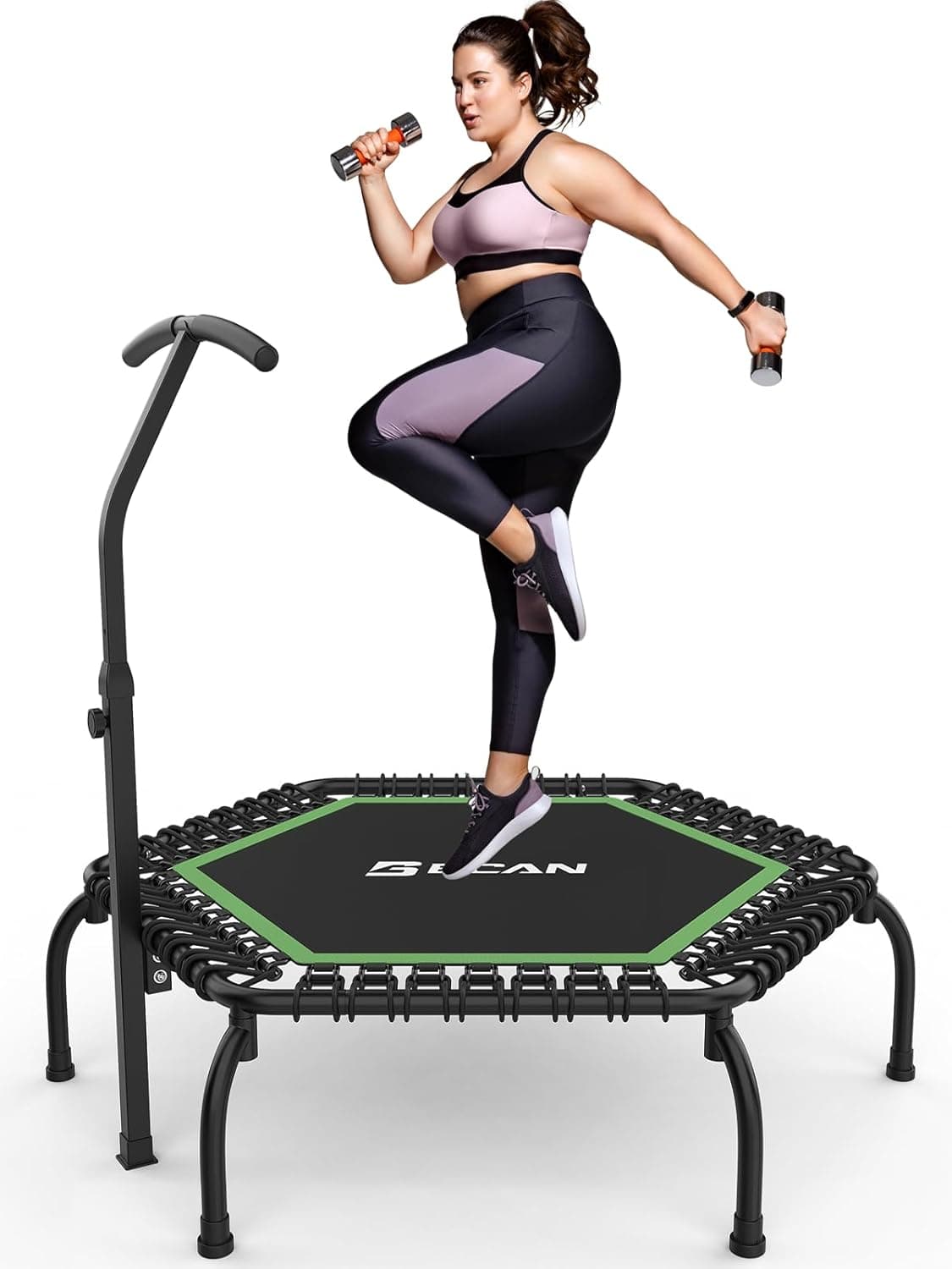 BCAN Mini trampolim de 250 kg, diâmetro de 123 cm, trampolim de fitness com elásticos, cabo de espuma ajustável em 3 posições, estável e silencioso, para crianças e adultos