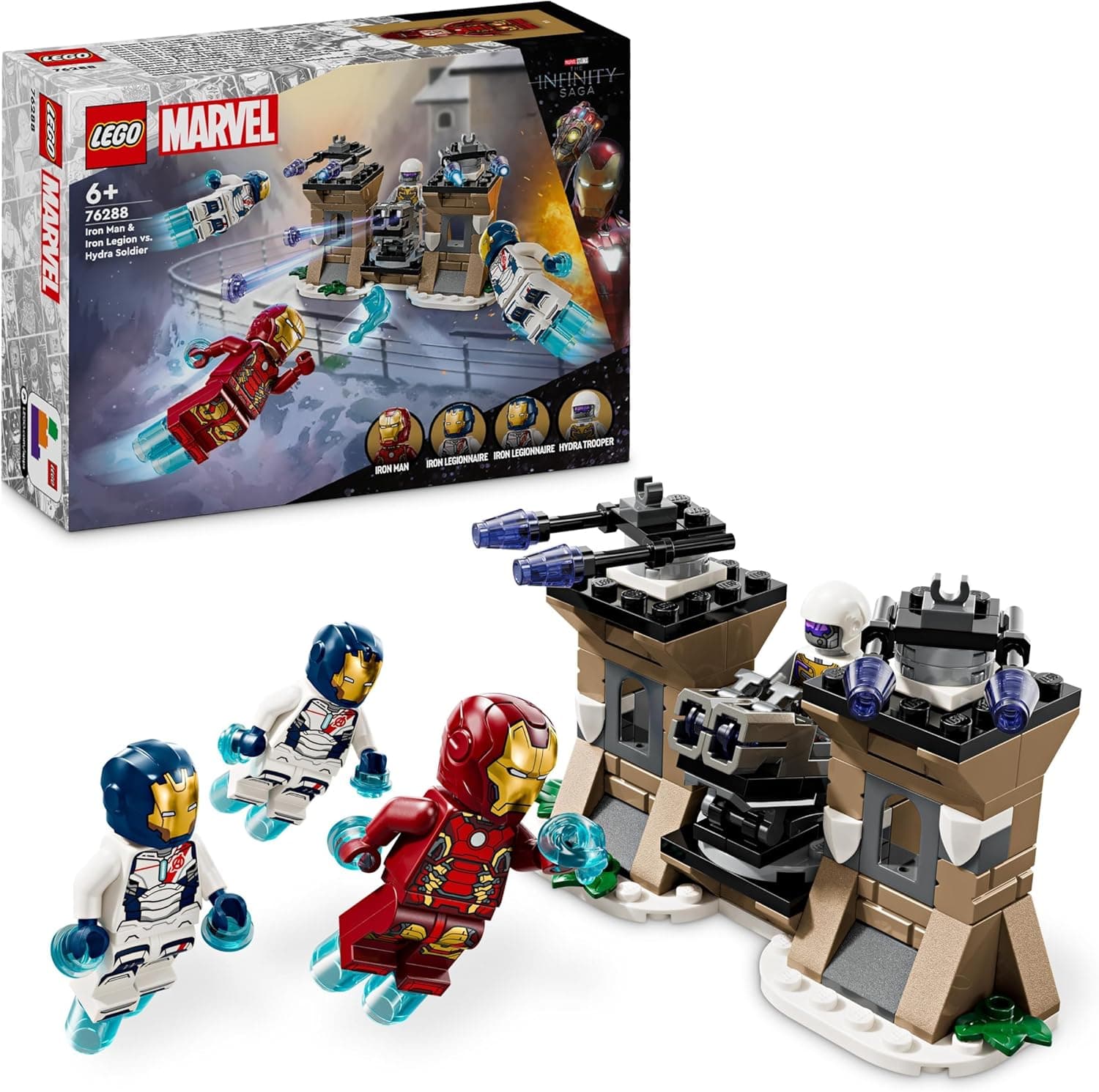 LEGO Marvel Iron Man e Legião de Ferro vs. Soldado de Hydra com armas de brinquedo e minifiguras, jogo de aventura, presente para crianças, meninas de 6 anos ou mais fãs dos super-heróis Vingadores