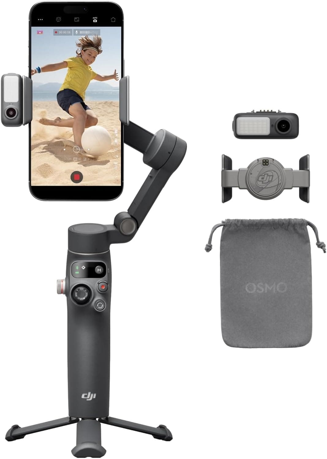 Estabilizador DJI Osmo Mobile 7P para iPhone, Android, rastreamento nativo, iluminação, estabilizador para telemóvel de 3 eixos, início rápido, edição com um toque, braço extensível e tripé integrados