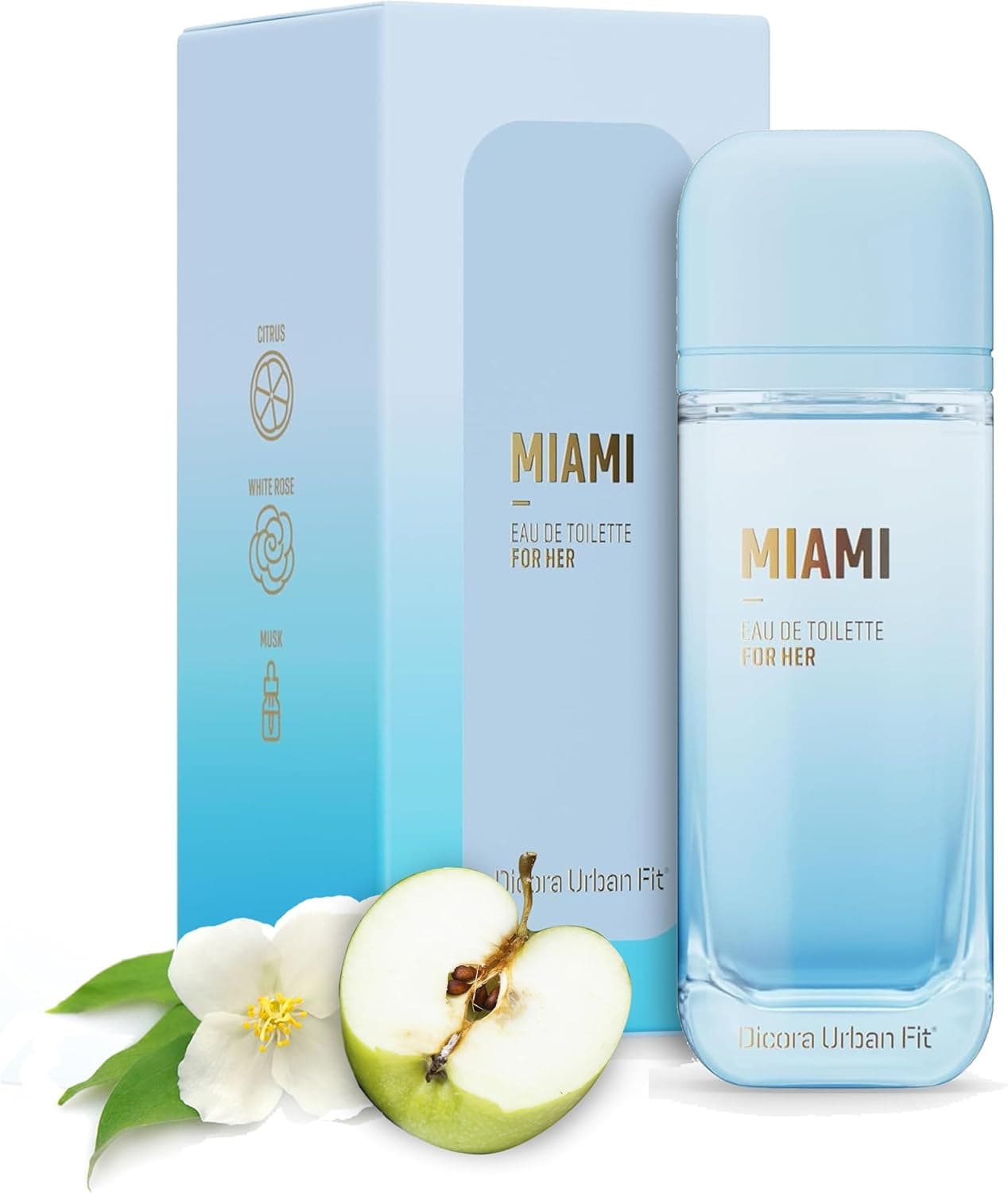 Dicora Urban Fit Eau de Toilette MIAMI FOR HER | perfume de mulher, fragrância cítrica fresca, maçã, limão, jasmim, rosa branca, almiscarado, 150 ml