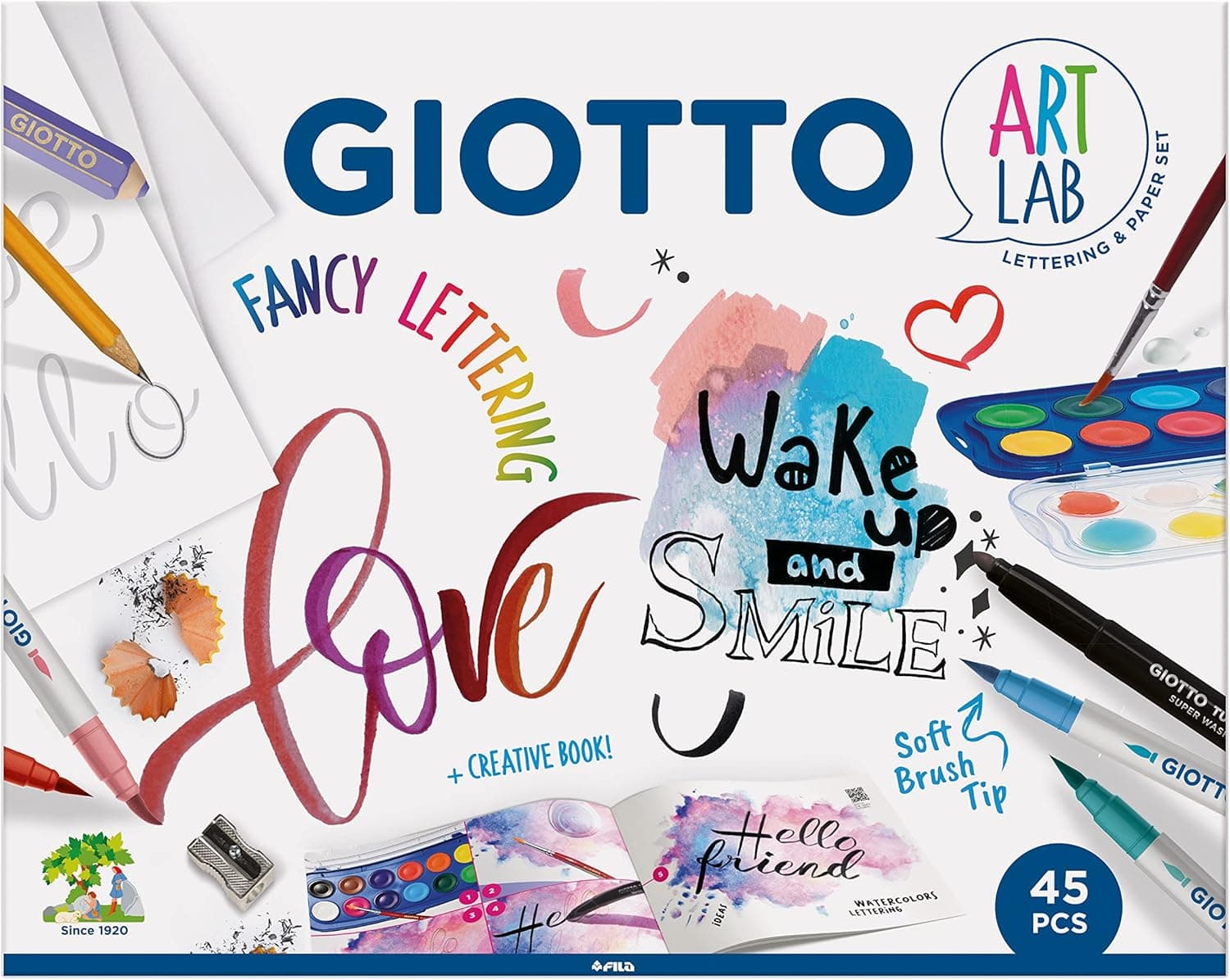 GIOTTO, Conjunto criativo Fancy Lettering com papel, aguarelas, marcadores de ponta de pincel e acessórios, 45 peças