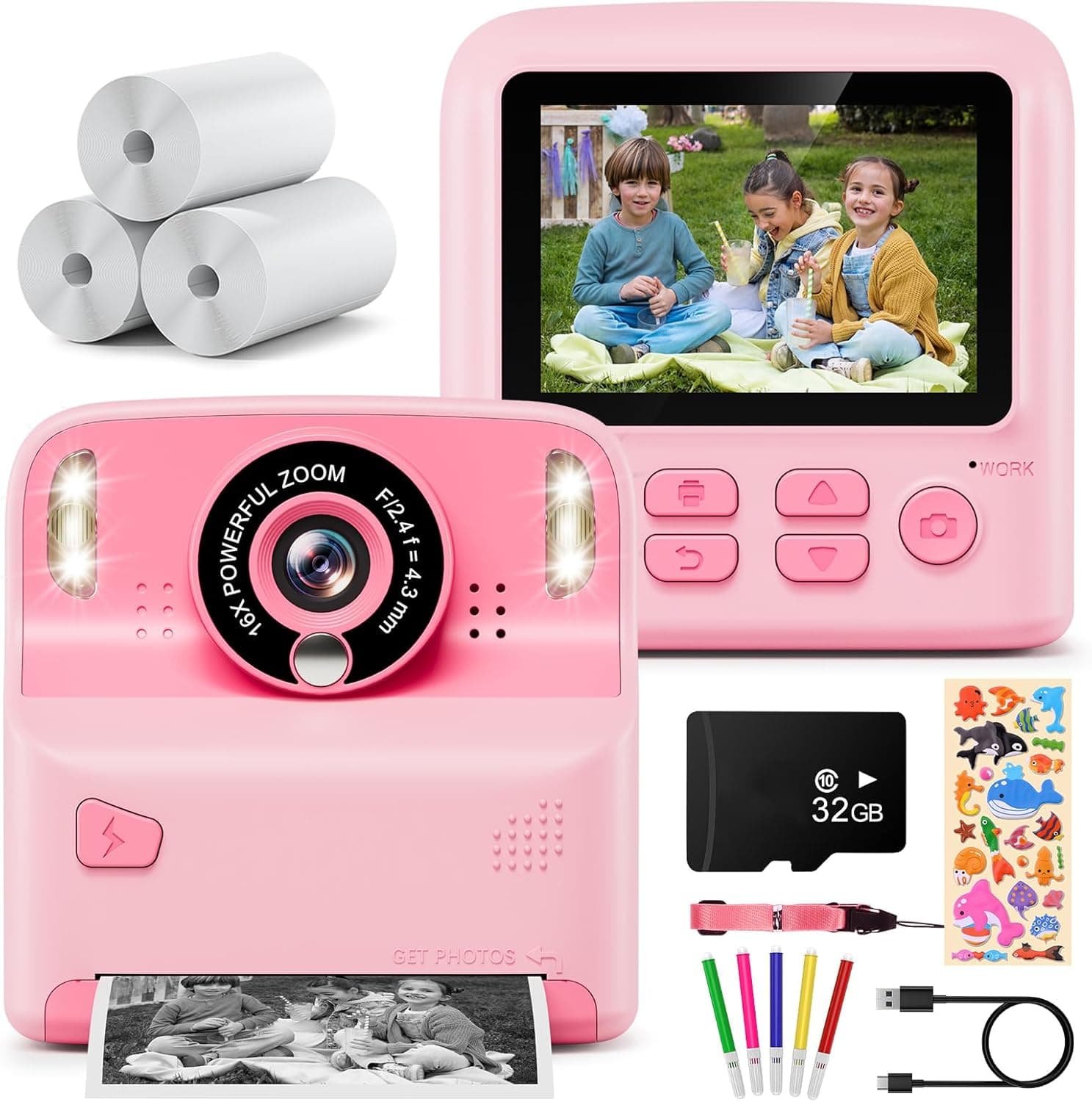 Câmara com fotos infantis instantâneas, Kaishengyuan câmara de fotos infantil, 2,4" 1080P câmara instantânea para crianças com cartão SD de 32 GB, canetas coloridas e papel de impressão (rosa)