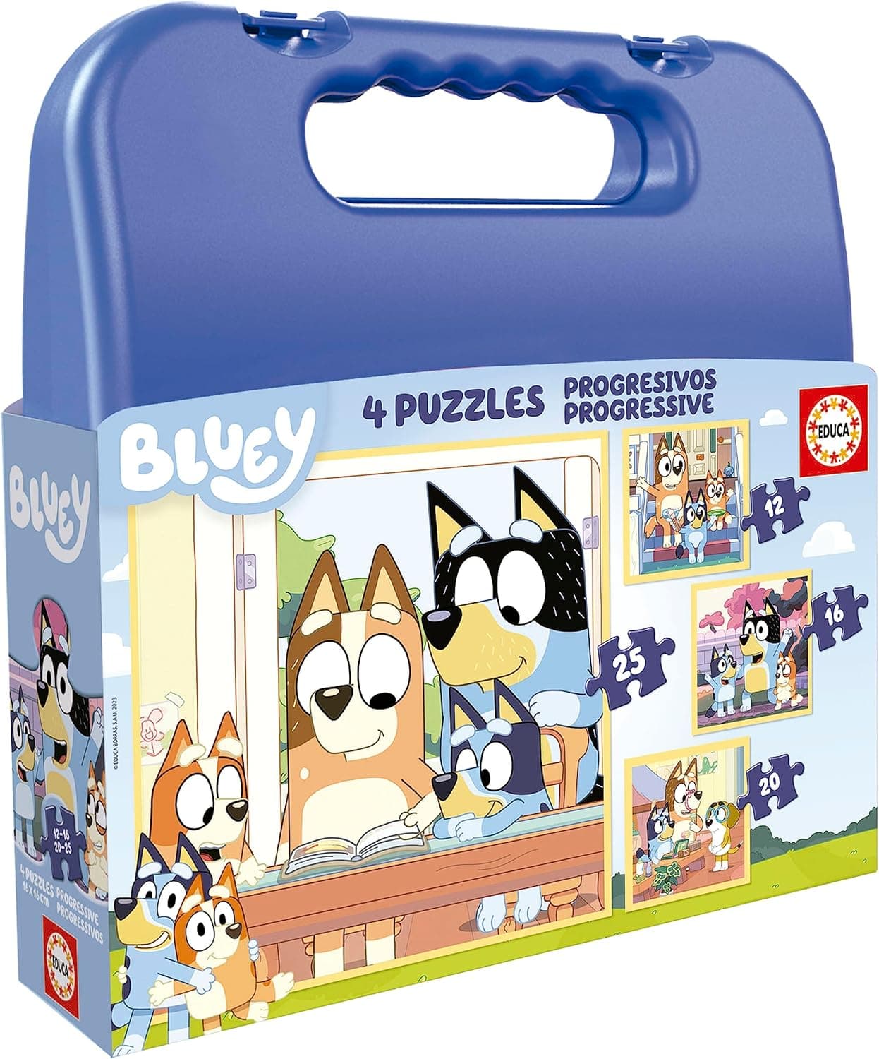 Educa - Conjunto de quatro quebra-cabeças progressivos de 12 a 25 peças com personagens de Bluey | apresentado numa magnífica mala para poder armazená-los. Recomendado a partir de 3 anos (19830)