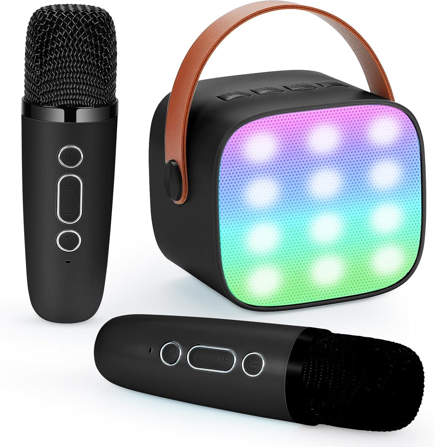 Damcyer Máquina de Karaoke de 2 microfones, máquina de karaoke portátil Bluetooth, microfone sem fios portátil para crianças e principiantes, preto