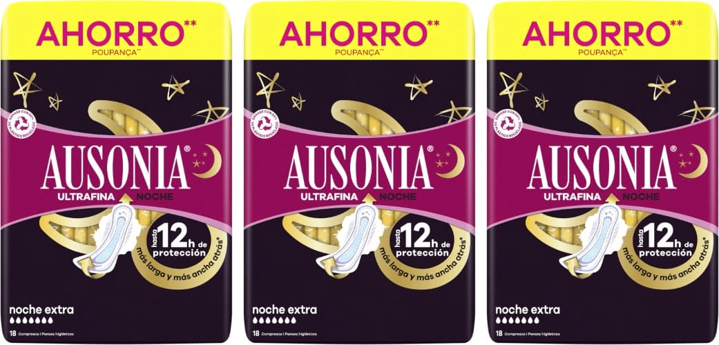 Ausonia Ultra fina minimalista noite extra compressas com asas, 18 unidades x 3