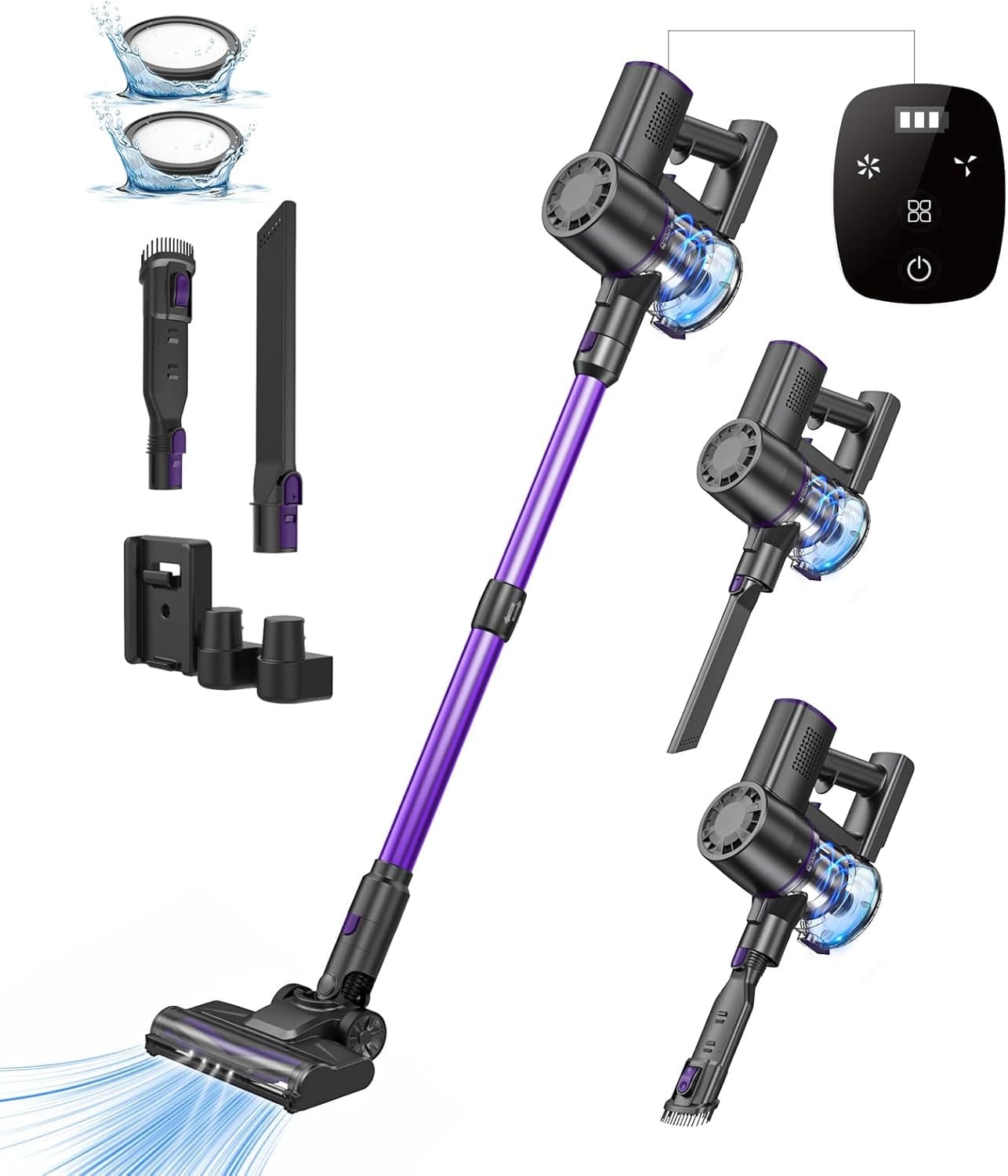 35 Kpa Aspirador sem cabo, 3 em 1 vassoura aspirador sem cabo menor ruído, automonomia 40 m, poderosa sucção, ecrã tátil Led, quatro etapas de filtração, aspirador vertical para pelo de animal de