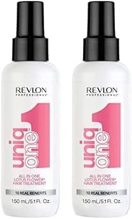 Revlon Professional UniqOne Protetor térmico para cabelo, condicionador de cabelo, tratamento hidratante para o cabelo em spray sem enxaguar, fragrância flor de lótus de 150 ml (embalagem de 2)