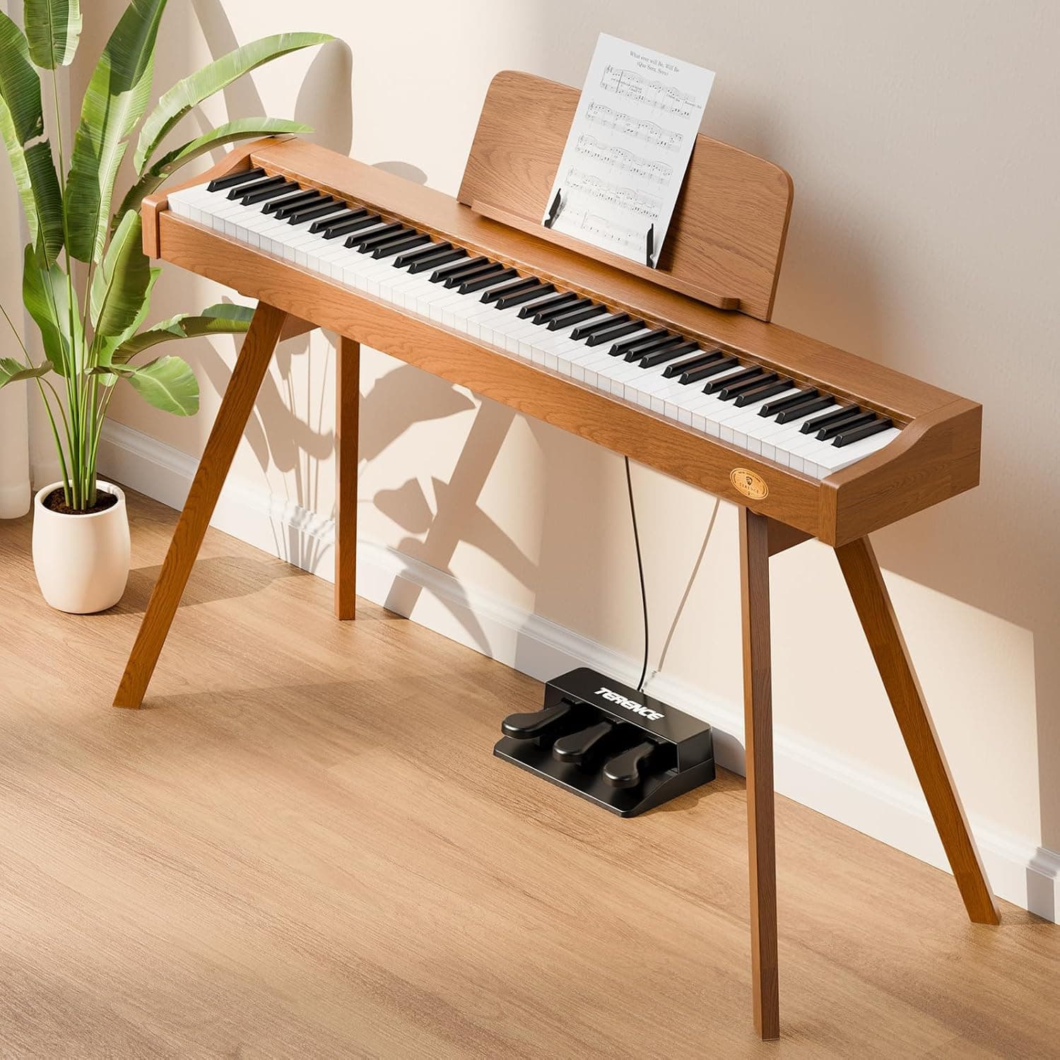 TERENCE Piano digital 88 teclas pesadas com suporte piano altifalantes estéreo 20 W tripla pedal gravação de vídeo MIDI áudio Bluetooth suporte para aplicação acabamento elegante de madeira