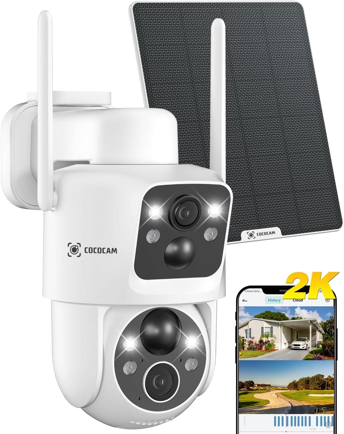 COCOCAM 2K Outdoor | Câmara de vigilância sem fios com painel solar, lentes duplas PIR, bateria 10000 mAh e deteção por IA