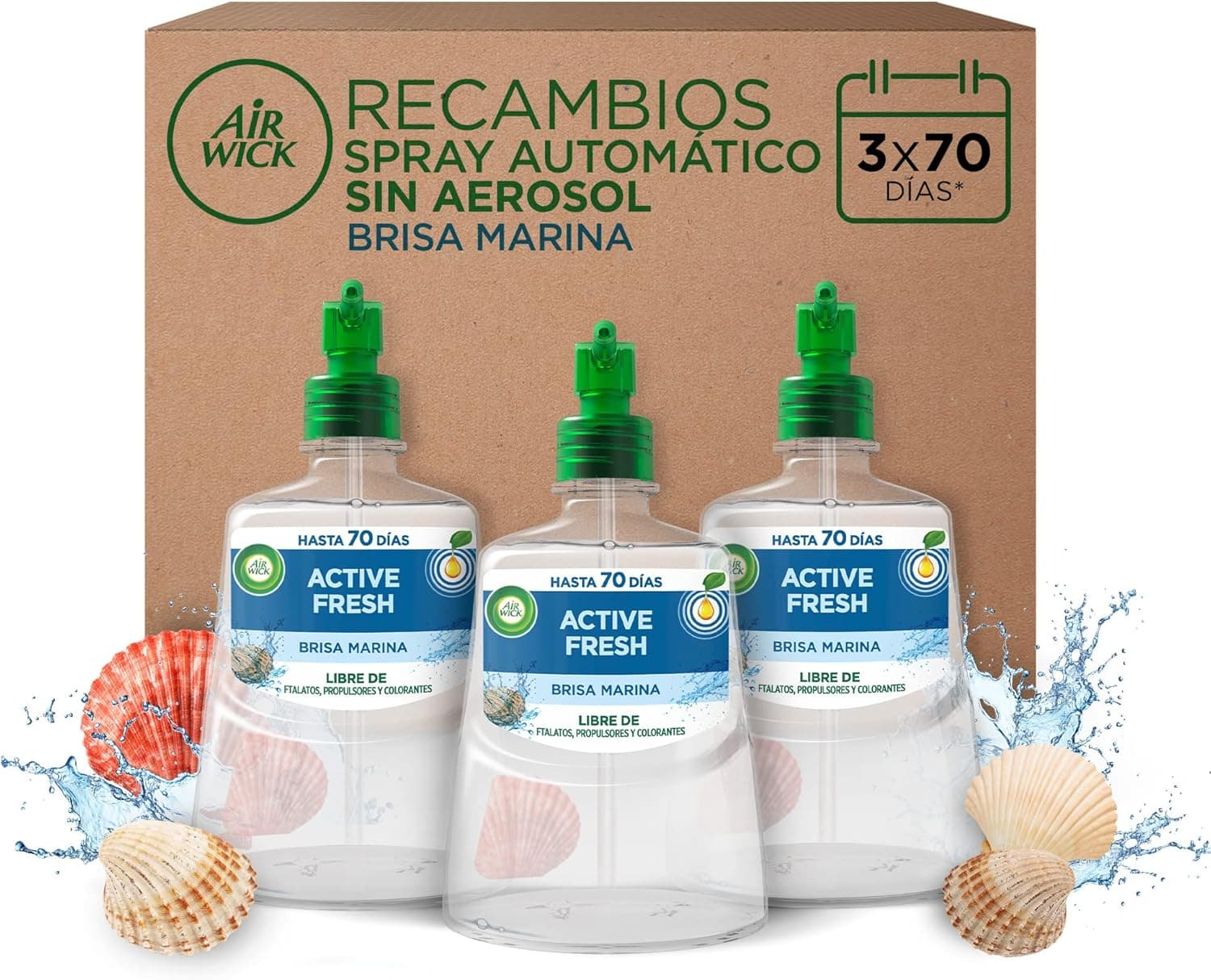 Air Wick Active Fresh Spray automático sem aerossol, ambiente para casa com aroma de Brisa Marinha, conjunto de 3 peças (228 ml x 3)