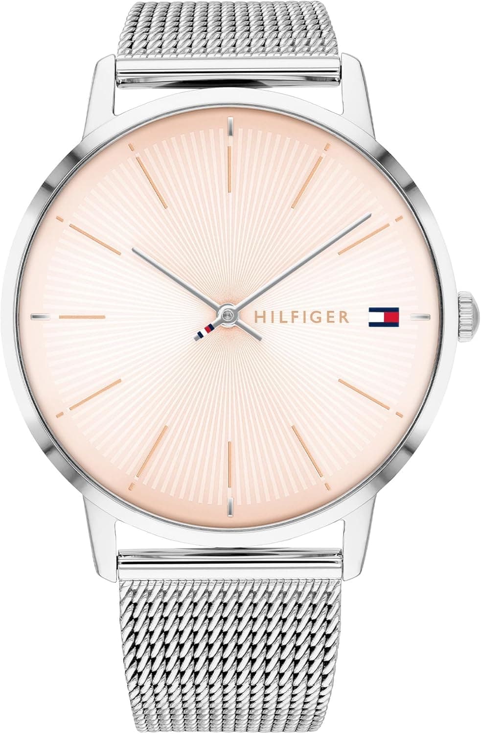 Tommy Hilfiger Relógio analógico de quartzo para mulher com correia de malha de aço inoxidável prateado ou correia de couro rosa