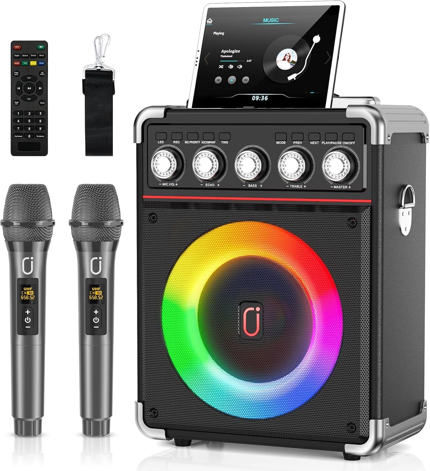 JYX Karaoke 2 microfones sem fios, portátil karaoke profissional completo, altifalante karaoke de sistema PA potátil e luz LED e controlo remoto, suporta Bluetooth/TF/USB/AUX/TWS