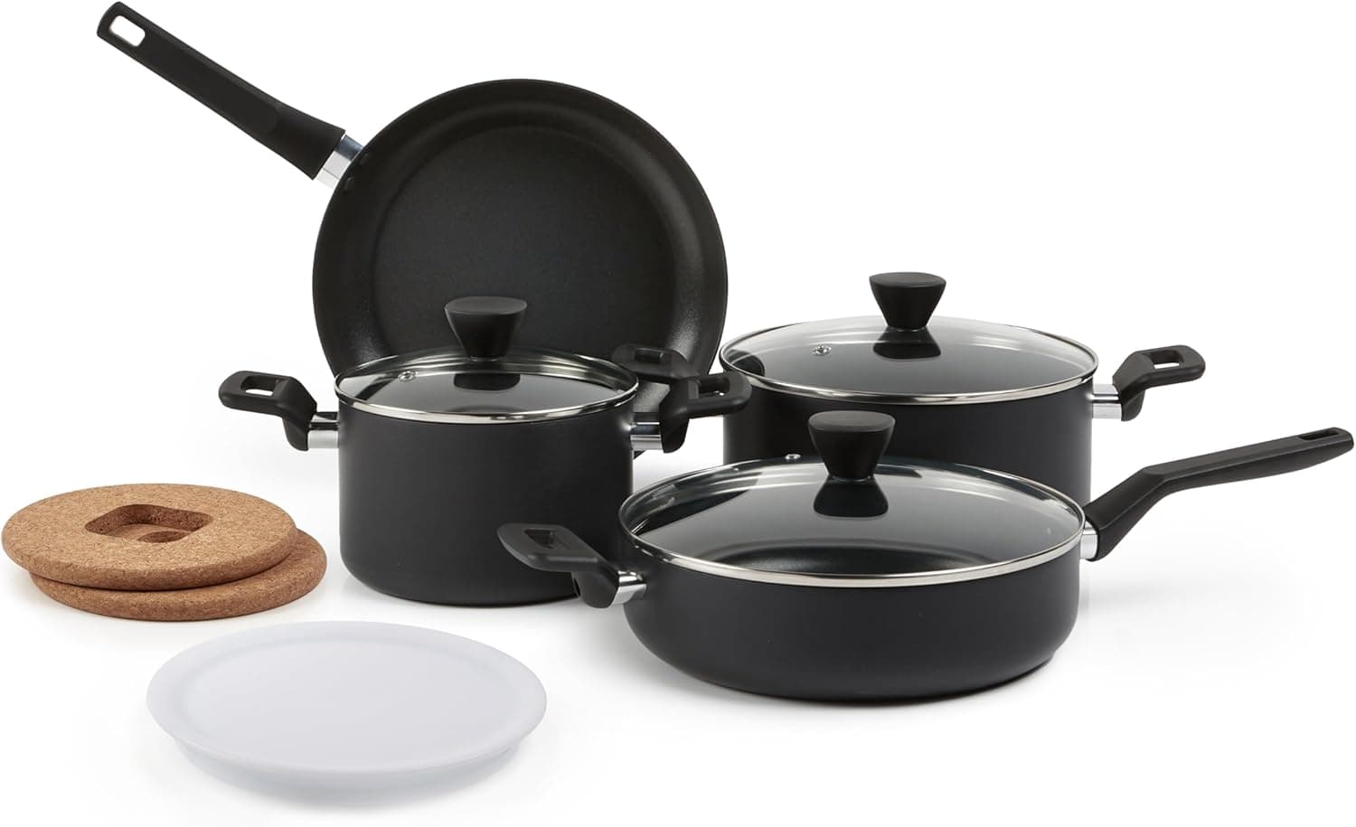 Amazon Basics Conjunto de panelas de 10 peças, panelas e frigideiras antiaderentes, com anodizado rígido, empilháveis, 10 peças, economia de espaço, sem PFOA, preto