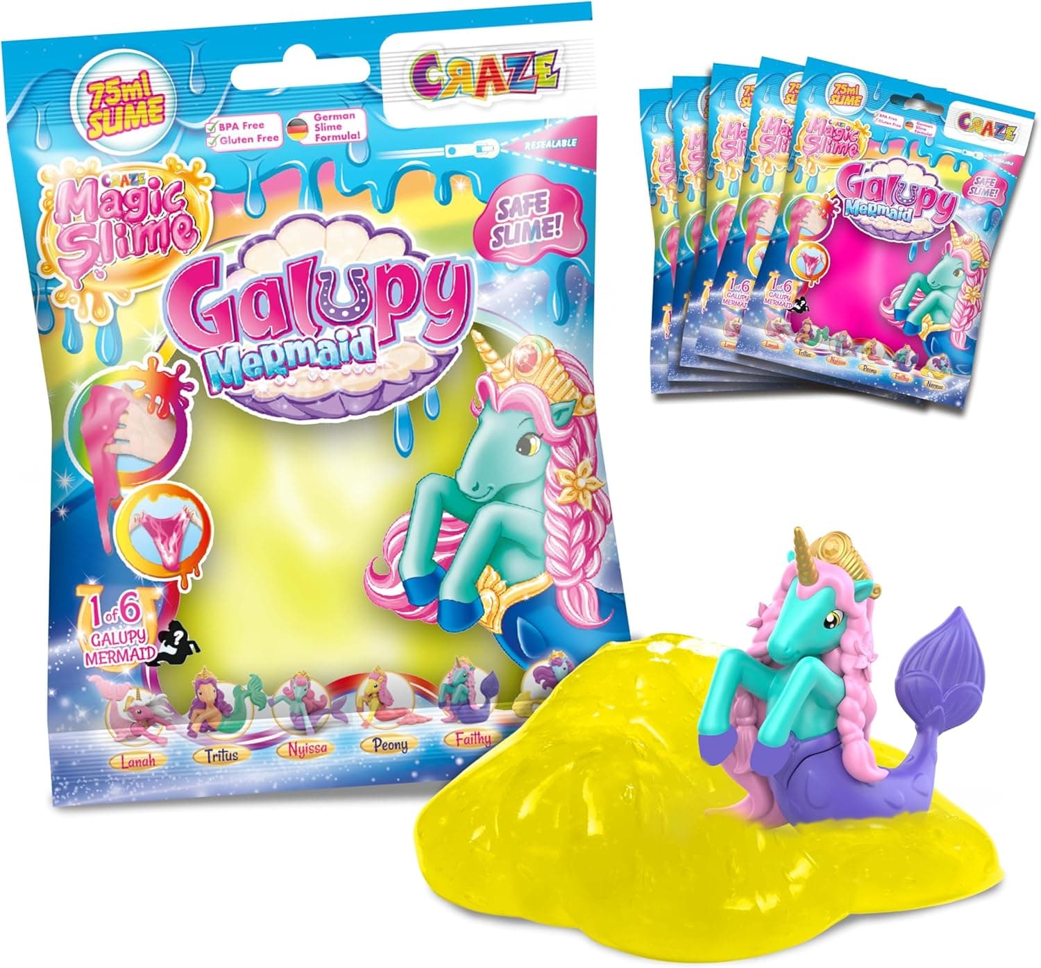 CRAZE Magic Slime Surprise Galupy Mermaid | Pack de 6 bolsas de slime colorido com figura surpresa de sereia, 75 ml cada
