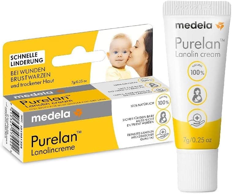 Medela Purelan Creme de lanolina de 7 g, ajuda rápida para mamilos stressados e pele seca, 100% natural, hipoalergénica, dermatologicamente comprovada e sem fragrância