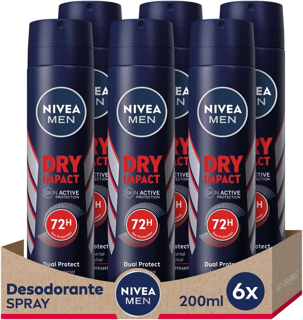 NIVEA MEN Dry Impact | Desodorizante antitranspirante em spray para homem, pack de 6 x 200 ml
