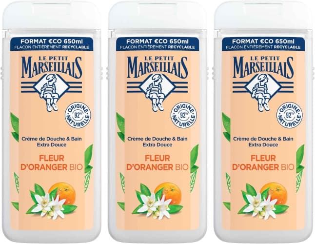 Le Petit Marseillais Gel de duche corporal extra macio, flor de Azahar BIO, hidratação e nutrição para pele sensível, com ingredientes naturais e recipiente reciclável e recarregável