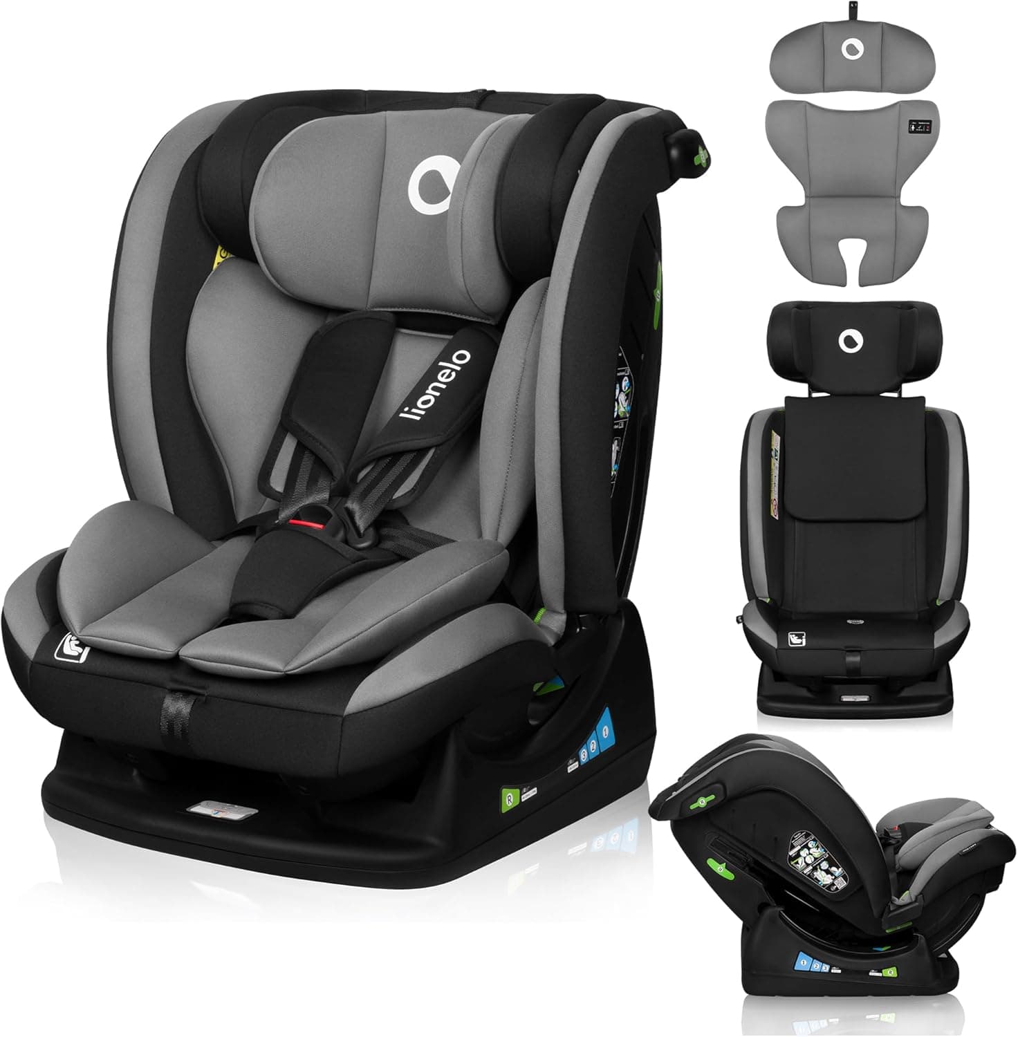 LIONELO AART I-SIZE Cadeira de carro para bebé 40 - 150 cm, montagem com cintos de segurança, apoios de cabeça e inclinação ajustáveis, almofada lombar e redutor, padrão R129 i-Size