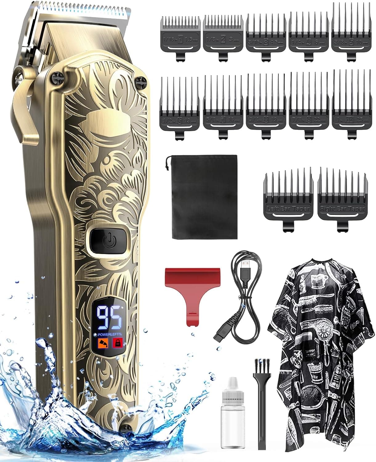 Máquina de cortar cabelo homem, máquina de cortar cabelo profissional de barbeiro com ecrã LED corta-lamas elétrico sem fios IPX7 resistente à água, máquina de cortar cabelo, padrão vintage