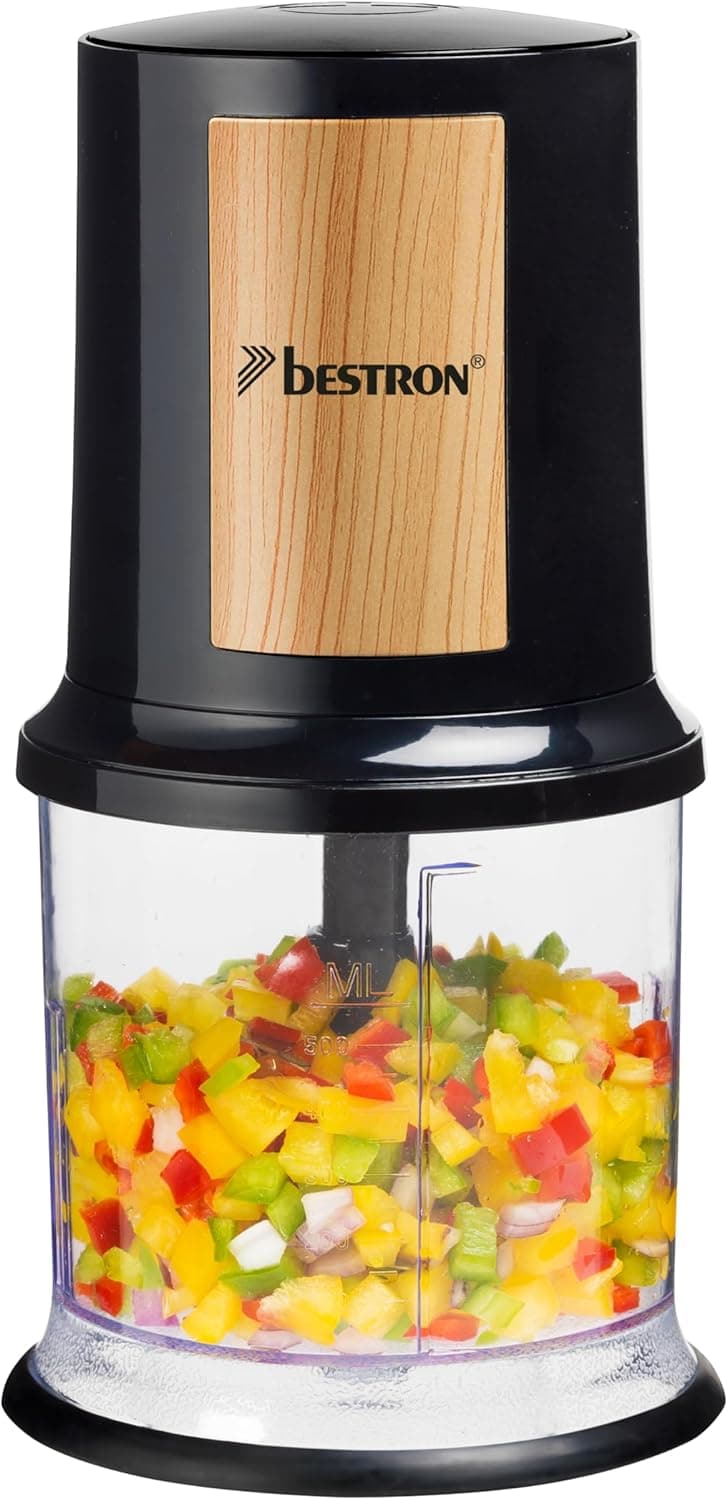 Bestron picadora elétrica, máquina picadora elétrica com duas lâminas de corte e capacidade de 500 ml, botão de pulso grande, 400 watts, AKC200BW, cor: Preto/madeira