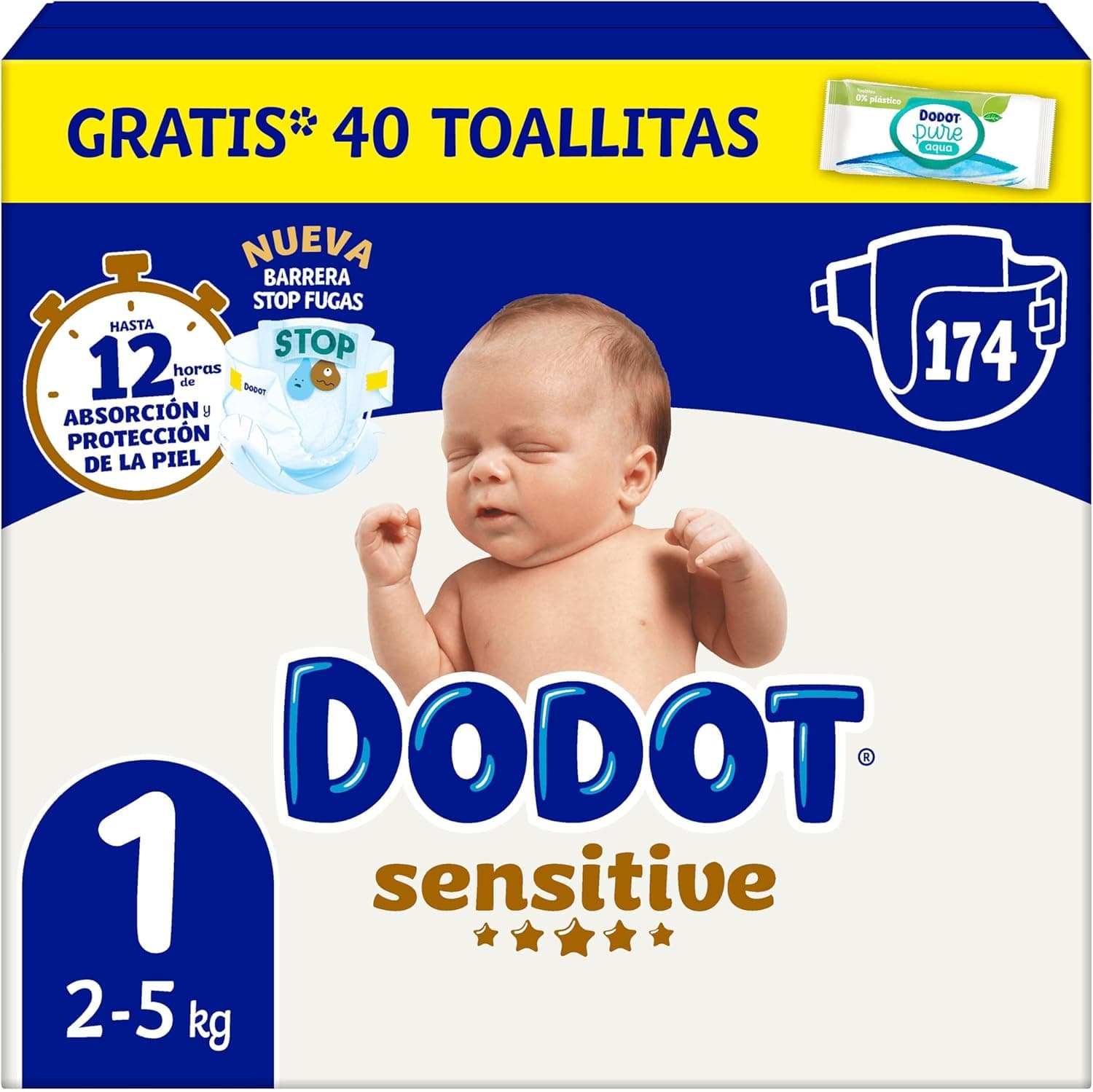 Dodot Sensitive Tamanho 1 | 174 fraldas descartáveis para bebés 2 a 5 kg com proteção antifugas até 12 h