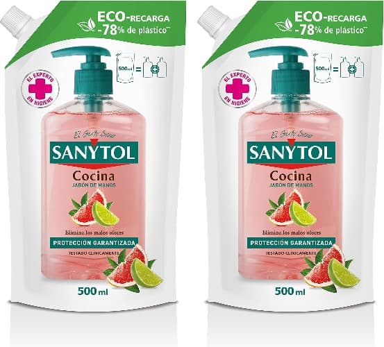 Sanytol - Eco recarga sabão de mãos de cozinha, aroma de toranja e limão, elimina maus odores, proteção total contra agentes externos, embalagem de alta resistência - 500 ml x 2