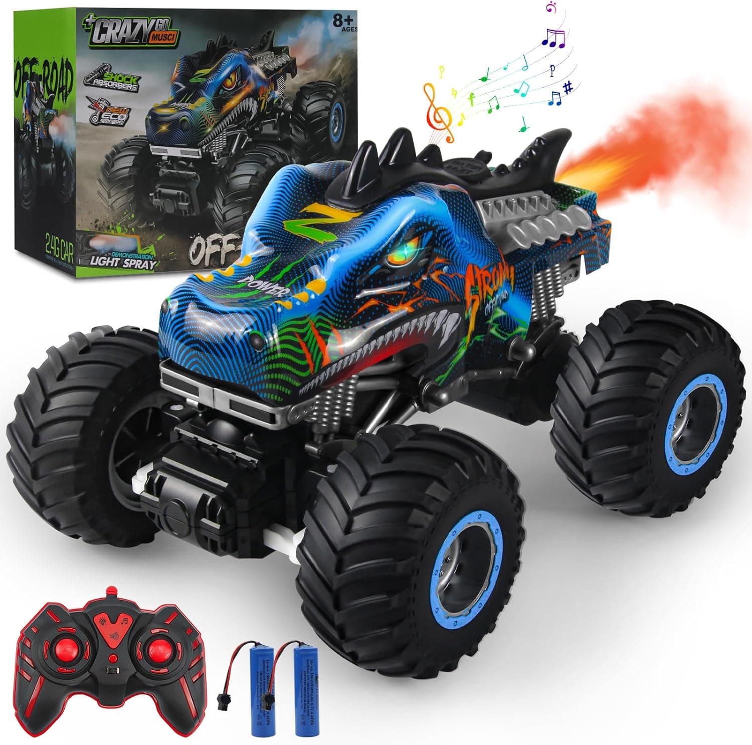 Rhybor - Carro telecomandado 1:16 RC dinossauros Monster Truck 2,4 GHz 20 km/h rádio controlado todo o terreno com névoa pulverizadora música luzes LED presente para crianças de 4 5 6 8 anos