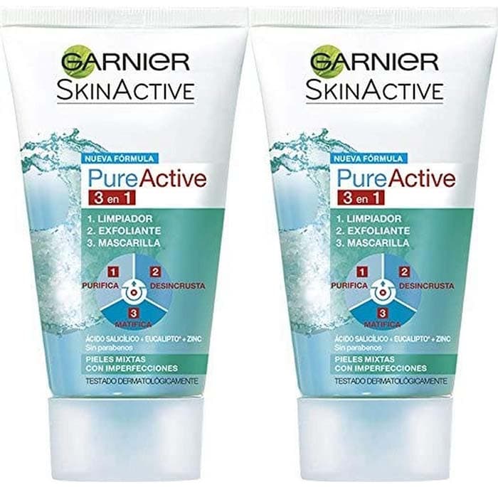 GARNIER Skin Active, Pure Active 3 em 1, limpeza, esfoliante e máscara - 150 ml x 2