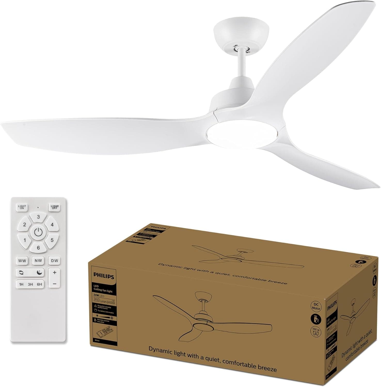 Philips Ventoinha de teto de pás fixas, 3 pás, grande (52") luz LED de 28 W, motor CC, gama de temperaturas de cor (3000 K, 4300 K, 6500 K) com função de atenuação, controlo remoto incluído