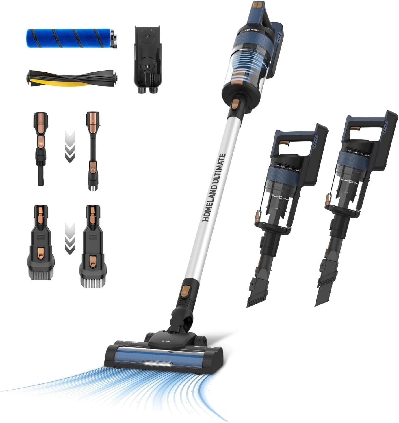 Taurus - Aspirador de vassoura Homeland Ultimate de 150 W | 21.000 Pa, Triple Advanced Filtration, escovas All Road e Fuzzy, iluminação ótica LED, bateria removível de lítio 29,6 V, ecrã digital