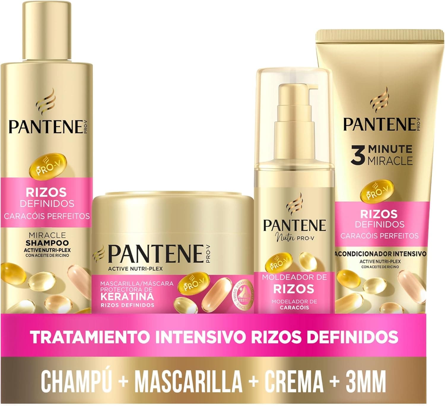 Pantene Champô Miracle Definidos 250 ml, máscara de 300 ml, condicionador 3 mm 220 ml, modelador de caracóis de 145 ml, caracóis rebeldes e crespados
