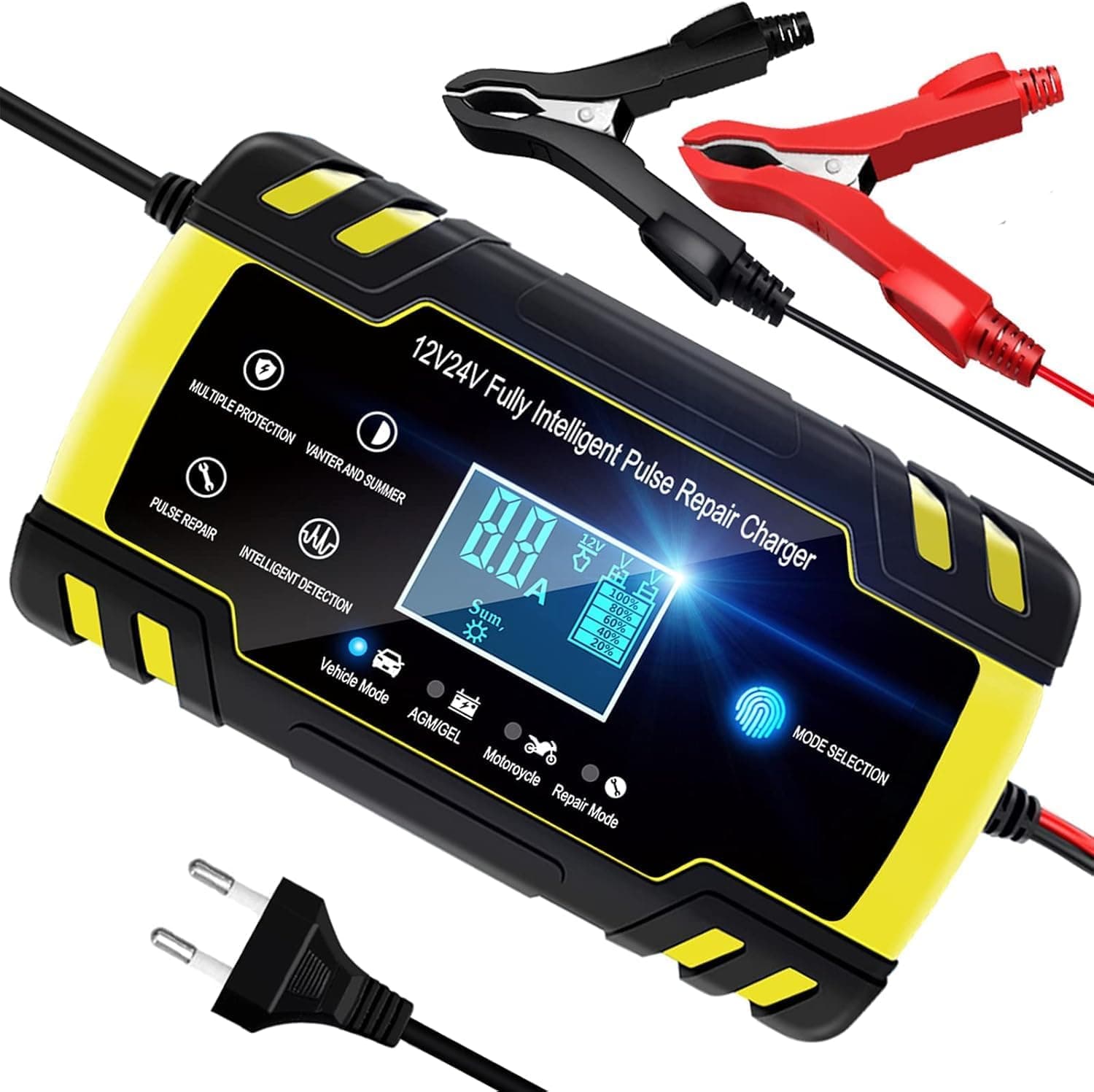 YDBAO Carregador de bateria de carro 12V/24V 8A com visor LCD e múltiplas proteções, função de reparo, carregadores de bateria de carro e motocicleta para carro, motocicleta, caminhão, AGM, gel, SLA