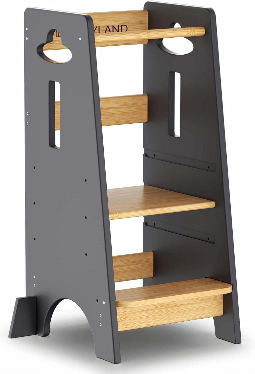 COSYLAND Torre de aprendizagem para crianças - torre de aprendizagem de madeira para bebés de 1 a 6 anos - altura ajustável em 3 níveis - 85 cm, madeira e cinzento