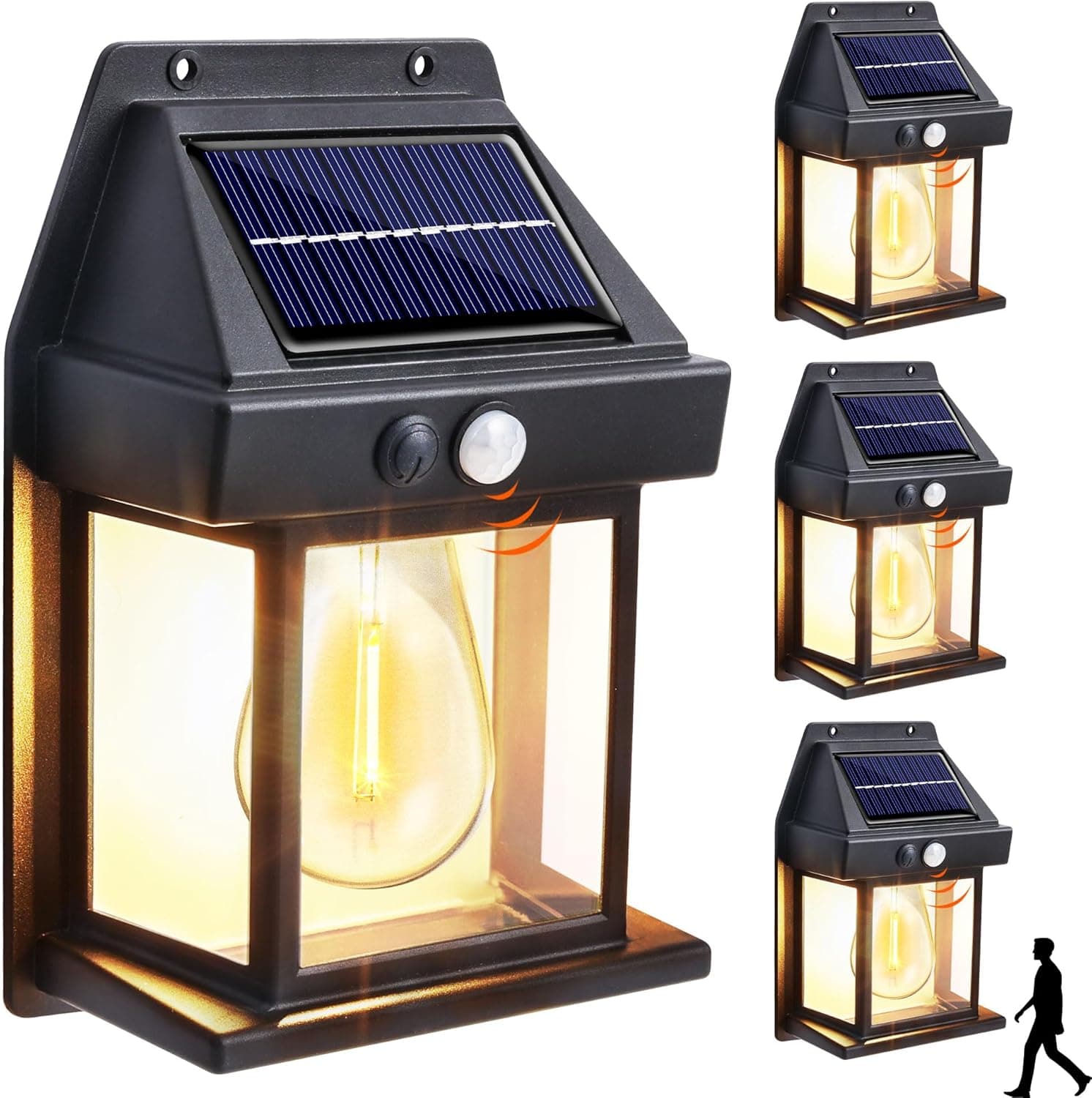 Joomer Luz solar exterior jardim, 4 pacotes lanternas solares exteriores com sensor de movimento, 3 modos aplique solar de tungsténio impermeável IP65 para garagem jardim pátio, caminhos, branco