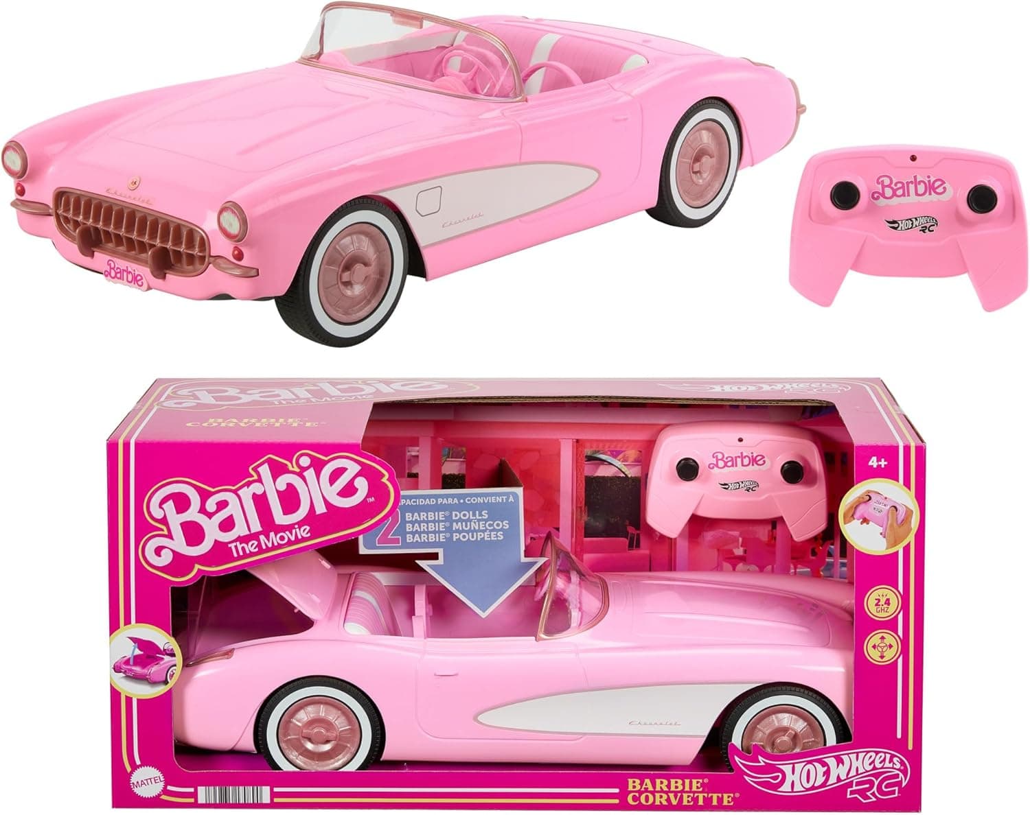 Hot Wheels Barbie Corvette, carro de brinquedo telecomandado com pilhas de filme Barbie, capacidade para duas bonecas Barbie e o porta-malas abre-se, + 4 anos (Mattel HPW40)