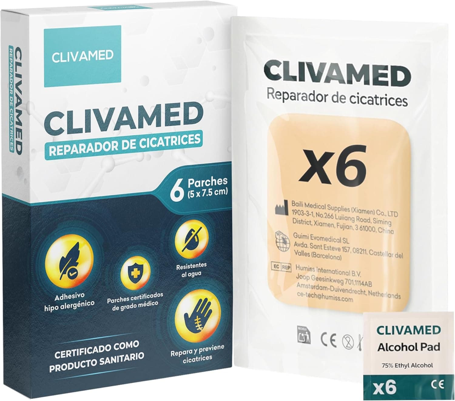 CLIVAMED Reparador de cicatrizes, PACK ECO 6 remendos + 6 toalhetes desinfetantes, produto com certificação saúde 2025, adesão até 6 dias por adesivo, previne e reduz cicatrizes, 7,5 x 5 cm