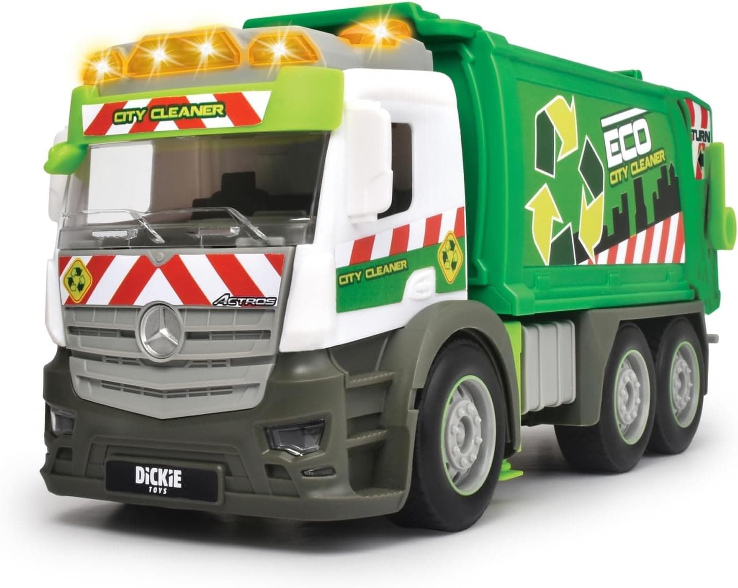 Dickie - Camião Mercedes, 26 cm, fricção, luz, som, peças móveis, recipiente de lixo, a partir de 3 anos (203745015)