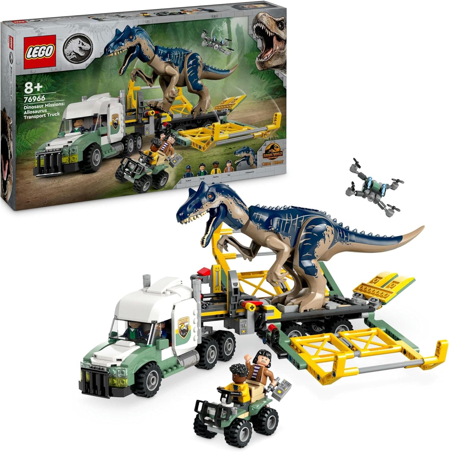 LEGO Jurassic World Missões dinossauro: Camião de transporte do Allosaurus brinquedo de construção, presente para meninos e meninas de 8 anos ou mais, com figuras de Kenji, Darius e Yaz 76966