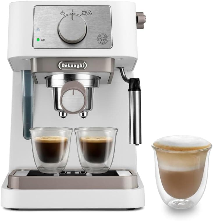 De'Longhi Cafeteira manual Stilosa EC260.W, 15 barras de pressão, sistema cappuccino, desliga automática, compatível com almofadas ESE, depósito de 2 níveis, capacidade de 1 l, branco
