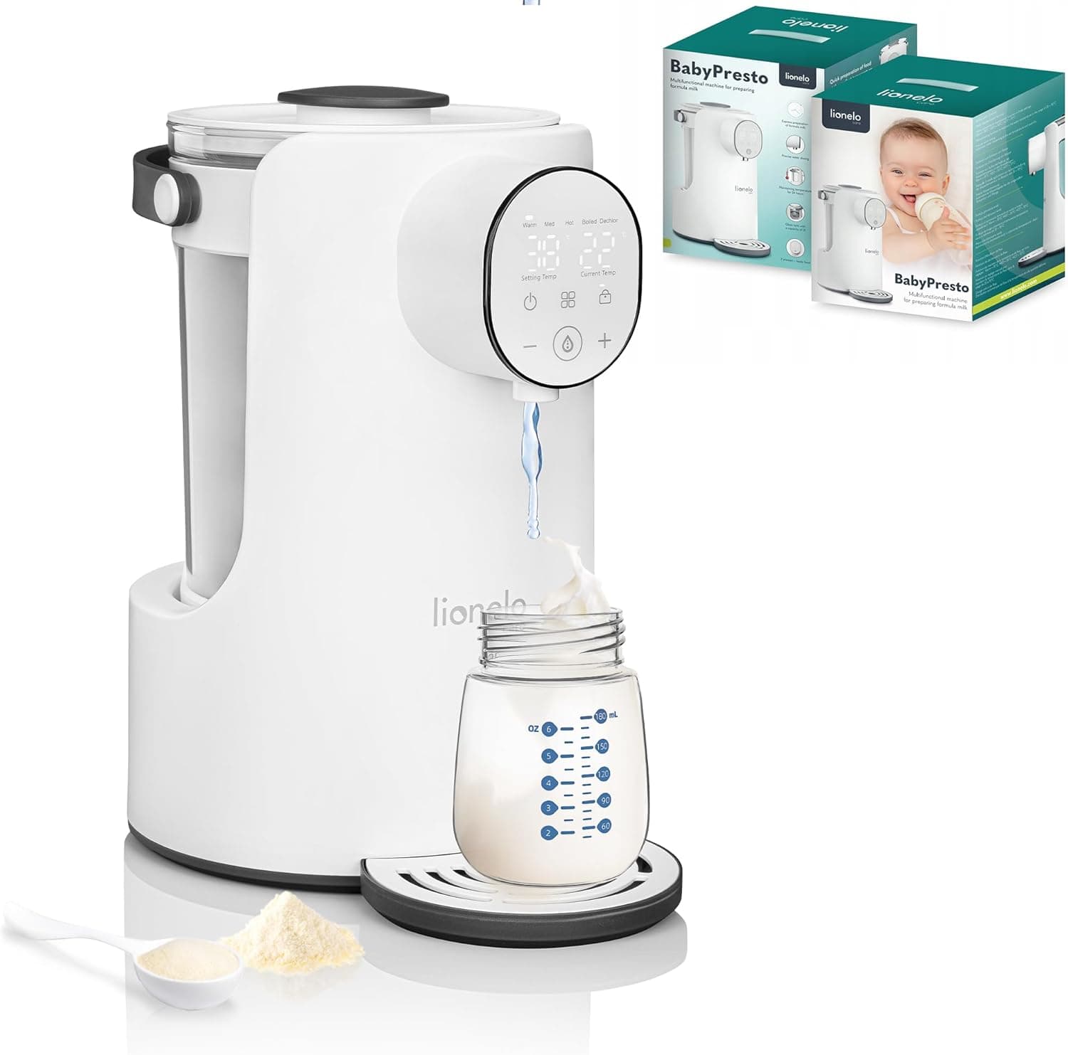 LIONELO BabyPresto Máquina de leite avançada para bebé, função de retenção de calor de 24 h, dosagem precisa de água descloração, tanque de vidro 2 l, controlo de temperatura 35-100 °C, ecrã